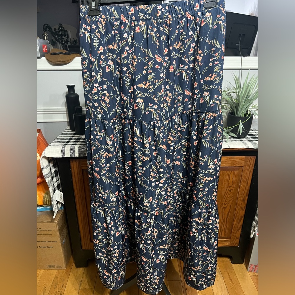 BloomChic Navy Maxi Skirt with Pink and Cream Floral Print - Plus Size